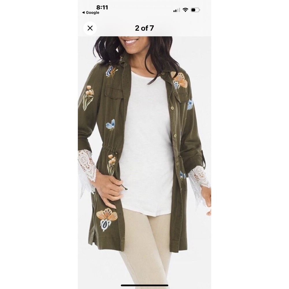 Chico's MWomen's Playful Anorak Jacket Embroidered Olive Green Drawstring Chico2